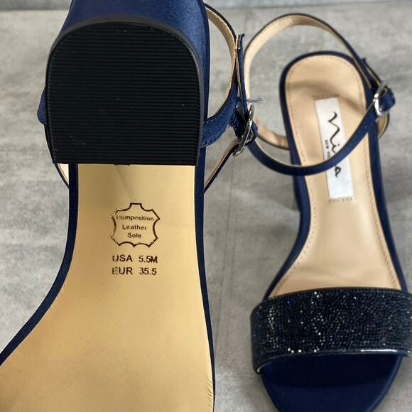 NINA Women's New Navy Satin Haven Rhinestone Ankle-Strap Block-Heel Sandals - Picture 10 of 10